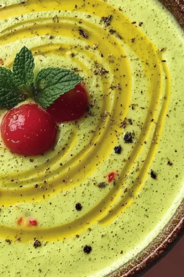 a bowl of food with a couple of cherry tomatoes and mint leaves