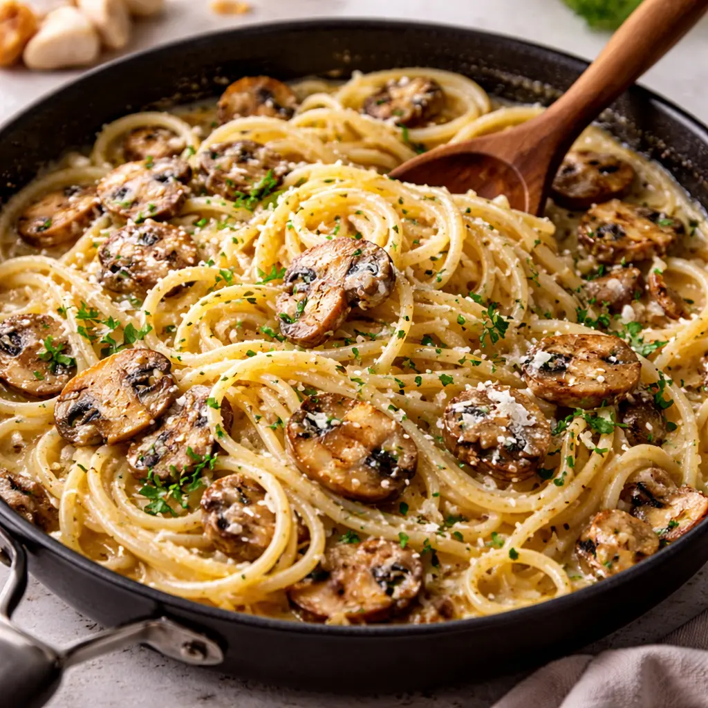 Cremige Champignons Spaghetti mit Sahnesauce und Parmesan aus der Pfanne