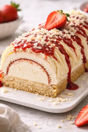 Cremige Spaghetti Eis Rolle mit Erdbeeren und weißer Schokolade