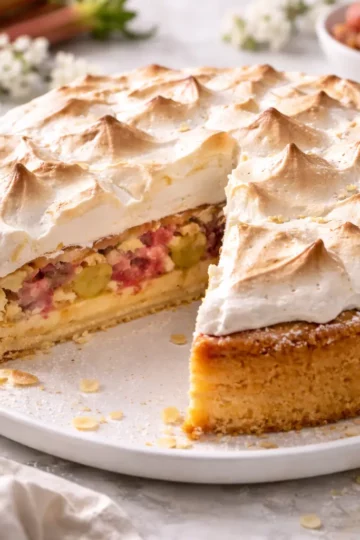 Saftiger Rhabarberkuchen mit goldbrauner Baiserhaube