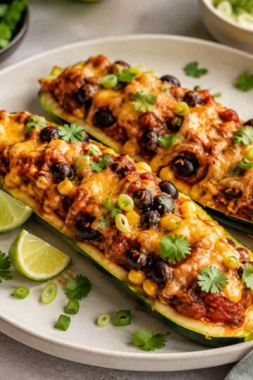 Gefüllte Zucchini-Schiffchen aus dem Ofen – vegetarisch